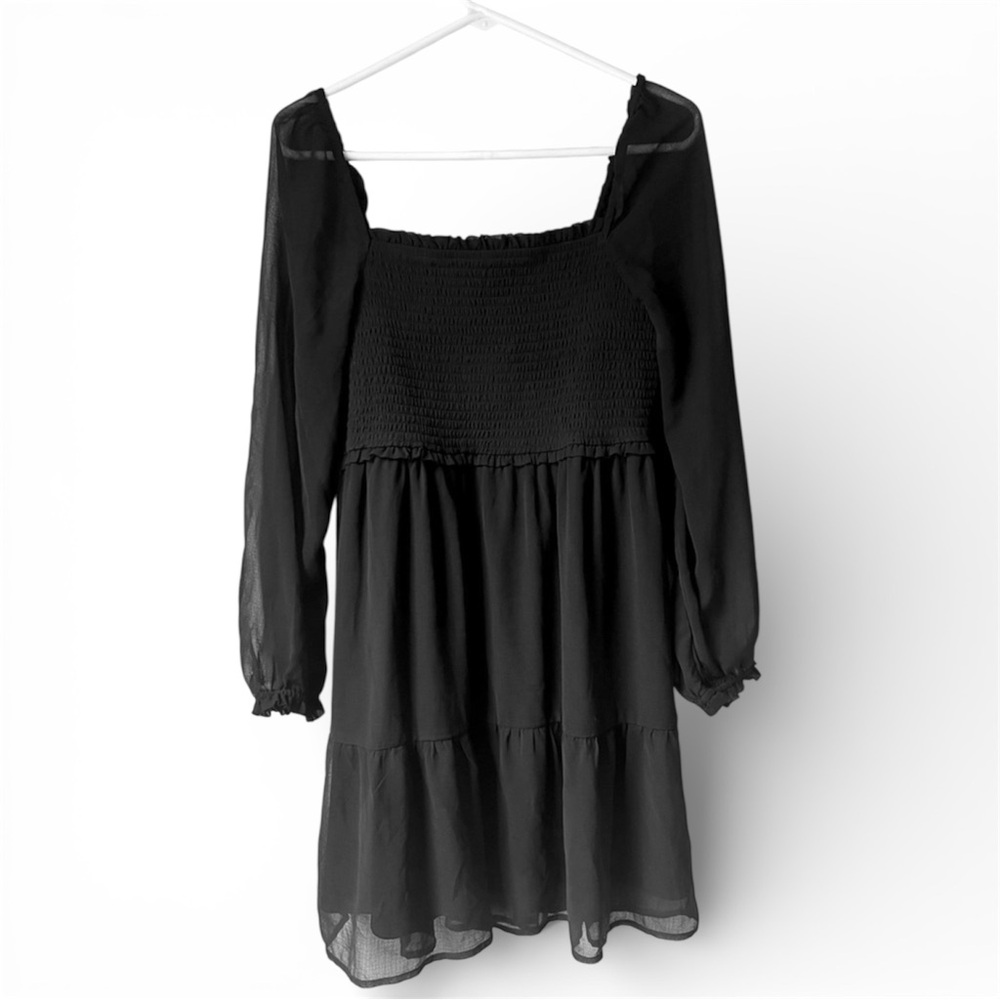 American Eagle Black Mini Dress Size Medium Smocked Sheer Puff Sleeve
